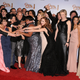 The cast/crew of “Glee” pose in the press room at the 68th Annual Golden Globe Awards held at The Beverly Hilton hotel on January 16, 2011.